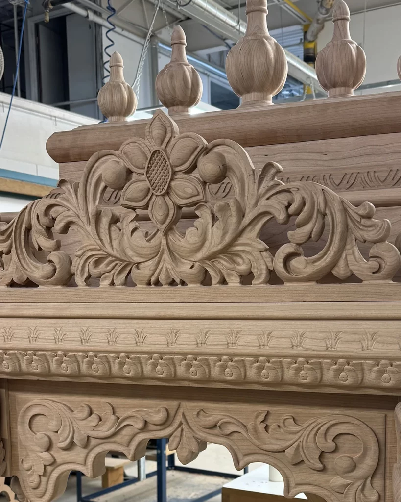 Hand-carved custom wooden Pooja Ghar with intricate Indian-inspired details and fine craftsmanship.