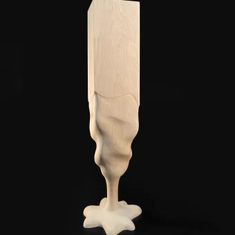 An artistic custom furniture leg designed with a "melting" effect, where the solid wooden square block appears to be liquefying and pooling at the base. Solid wood furniture leg designed to resemble melting