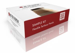 Flexible tambour panel sample kit in solid wood and MDF, showing different profiles and catalog packaging.