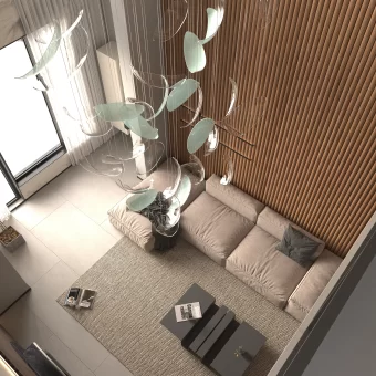 A high-ceilinged residential interior featuring a massive floor-to-ceiling accent wall made of vertical tambour panels, a perfect example of modern custom woodwork and large-format custom wood fabrication. A custom bar front with flexible tambour panels made from solid wood, manufactured by Toronto-based Art for Everyday Inc.