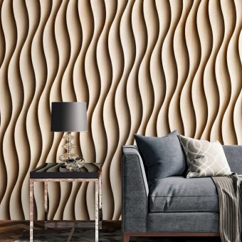 An elegant sitting area featuring a floor-to-ceiling 3D wave pattern wall installation, highlighting the impact of large-scale custom wood fabrication and decorative custom woodwork.