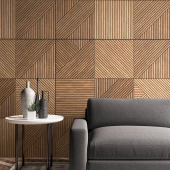 A sophisticated interior application showing custom woodwork wall panels with a checkered reeded pattern, demonstrating how custom wood fabrication can add depth and rhythm to a modern home.