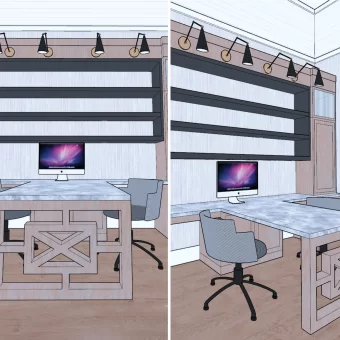 A 3D architectural rendering of a modern home office desk and shelving unit crafted from solid wood, featuring a unique X-frame base and contemporary shelving.