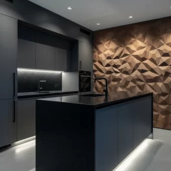 A contemporary dark kitchen featuring a stunning floor-to-ceiling accent wall made from textured solid walnut "G-pattern" panels. Strategic under-cabinet and recessed lighting highlight the deep wood grain and geometric relief, creating a warm, refined ambiance.