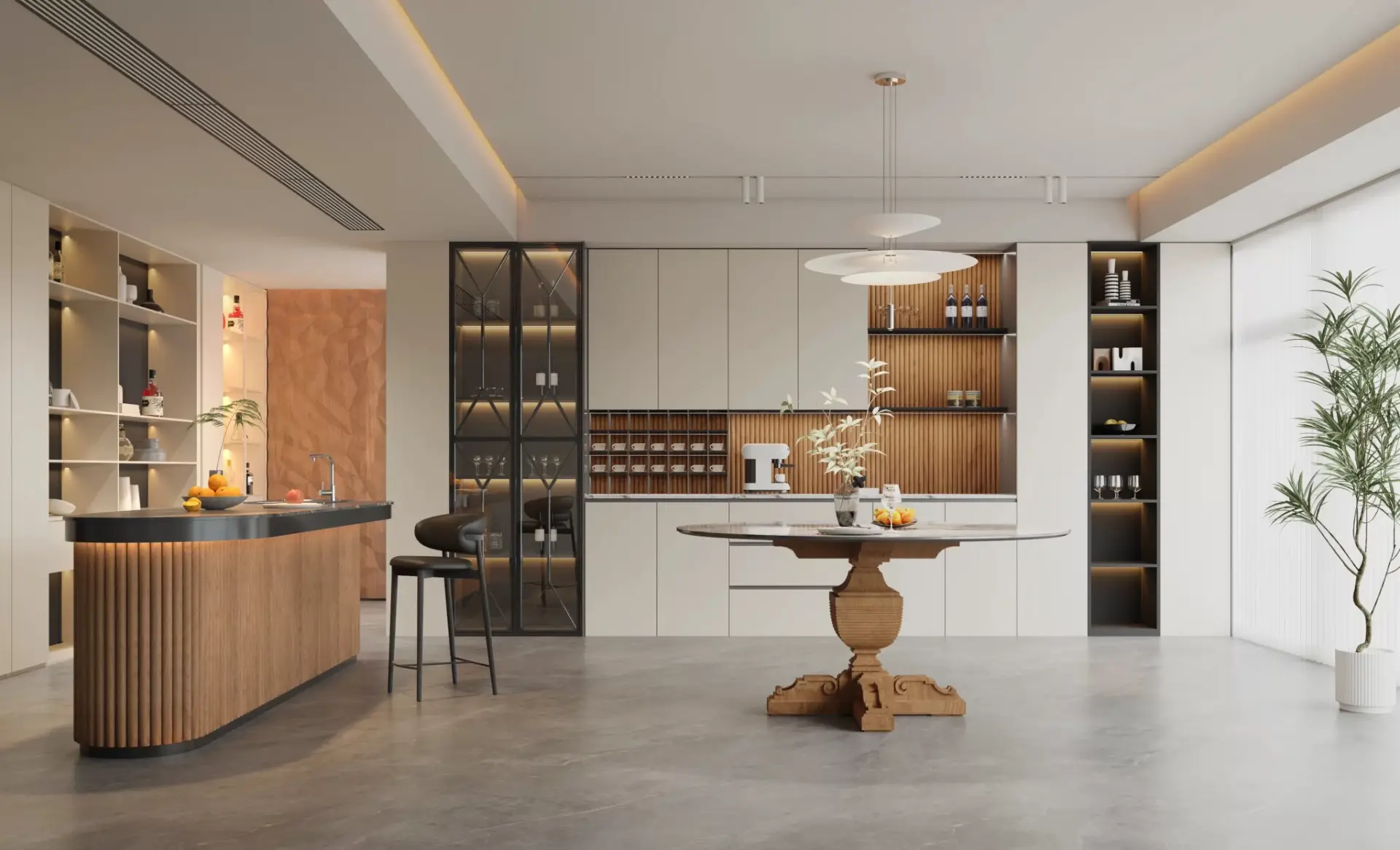 Modern luxury kitchen interior featuring ART FOR EVERYDAY INC. flexible tambour wood panels, decorative mullion cabinet inserts, custom wood pedestal island base, and textured architectural wood panels.