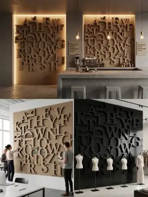 Dining and coffee bar interior with illuminated alphabet wall panel installation