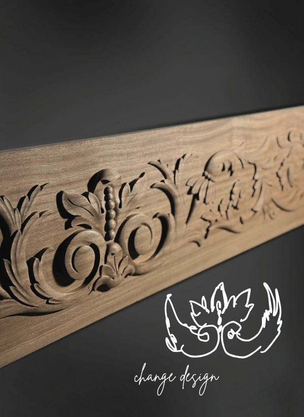 Custom mantel design with modified carved details and architectural enhancements