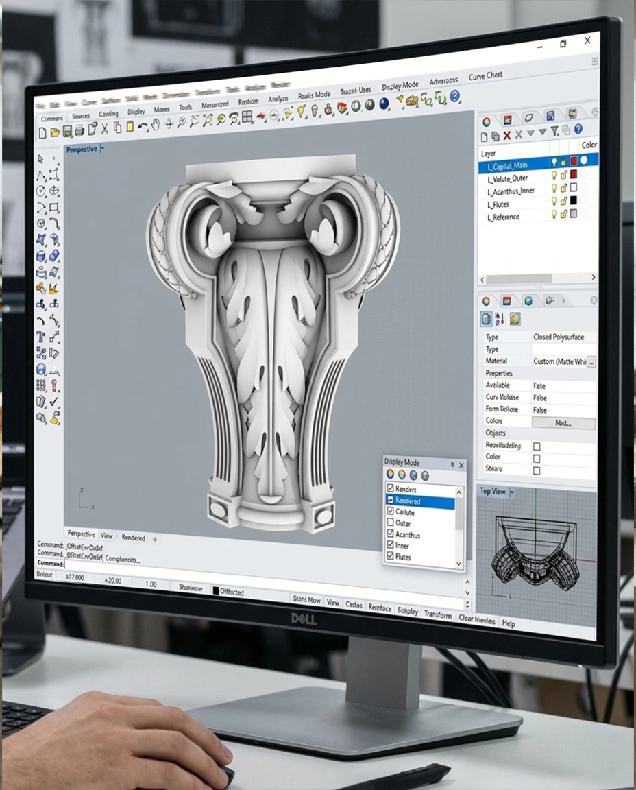 3D model visualization of custom carved wood design before manufacturing