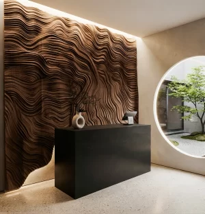 Custom CNC carved solid wood topographic wave wall panel installed as full height reception feature wall in a luxury hotel lobby finished in dark walnut with recessed lighting and black reception desk