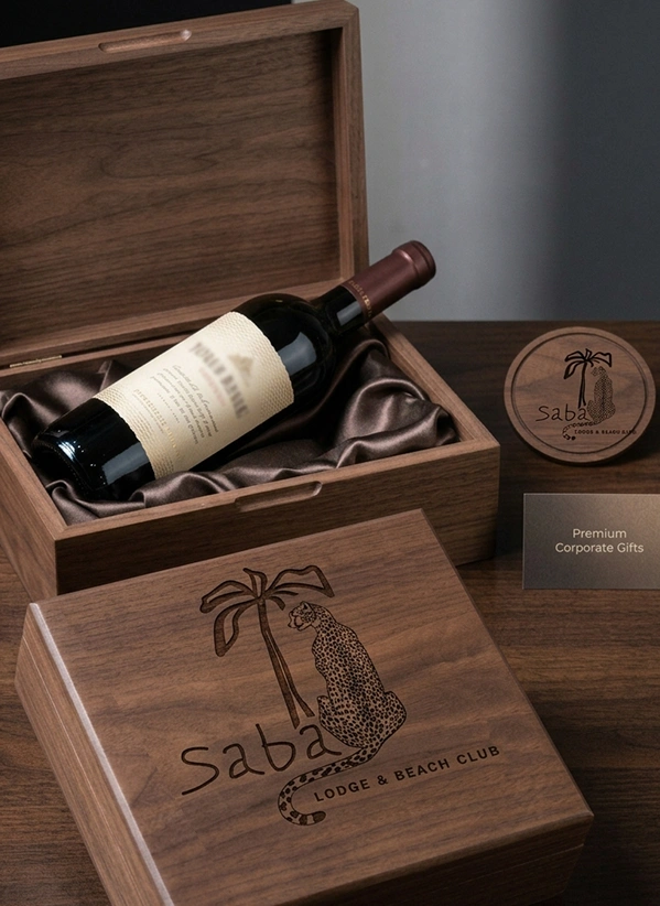 Open walnut presentation box with satin lining holding a wine bottle, paired with a branded coaster, crafted in-house in Toronto